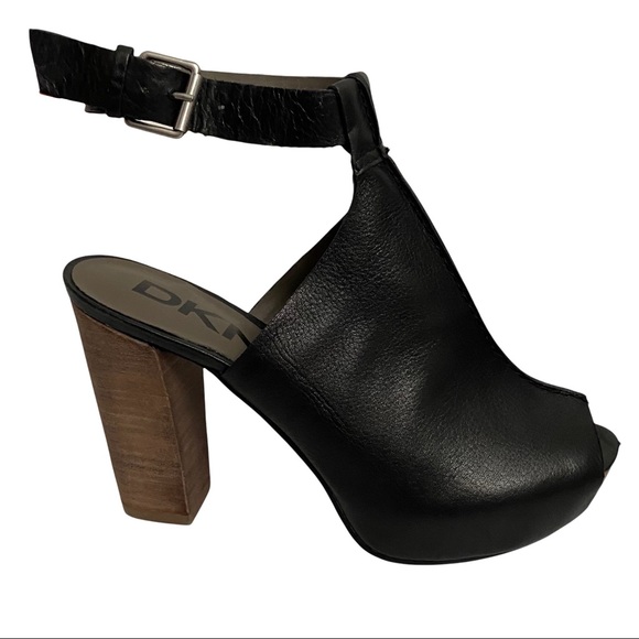 DKNYC Heels 7 Lillian Black Leather Ankle Strap - Picture 1 of 11